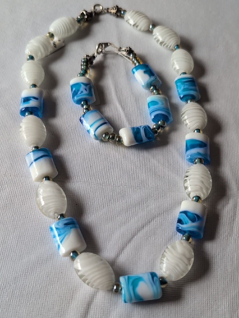 Blue & White Glass Bead Necklace and Bracelet Set